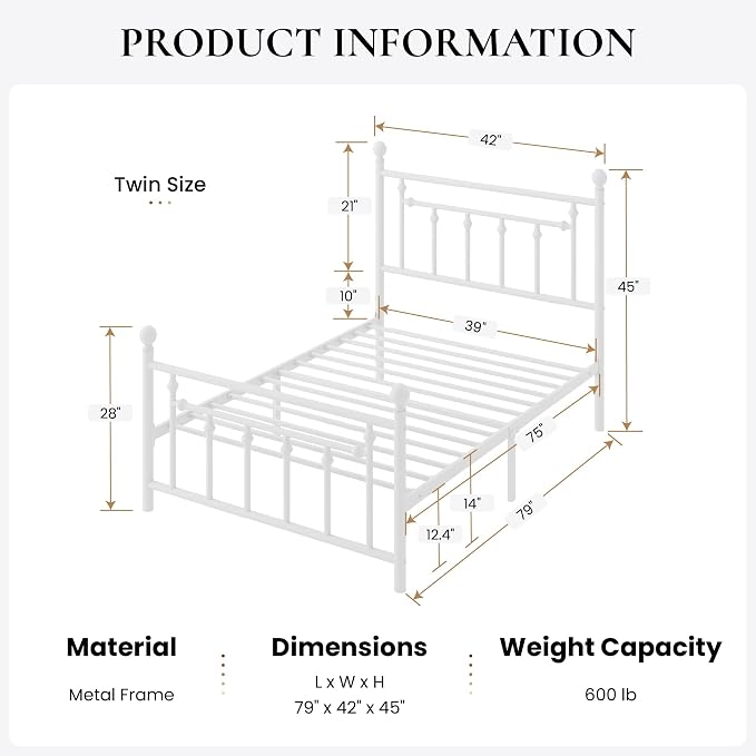 SHA CERLIN 14" Twin Size Metal Platform Bed Frame/Victorian Headboard and - Image 2