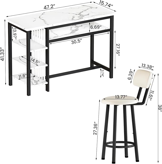 AWQM 3-Piece Bar Table and Chairs Set, Modern White Faux Marble Table - Image 2