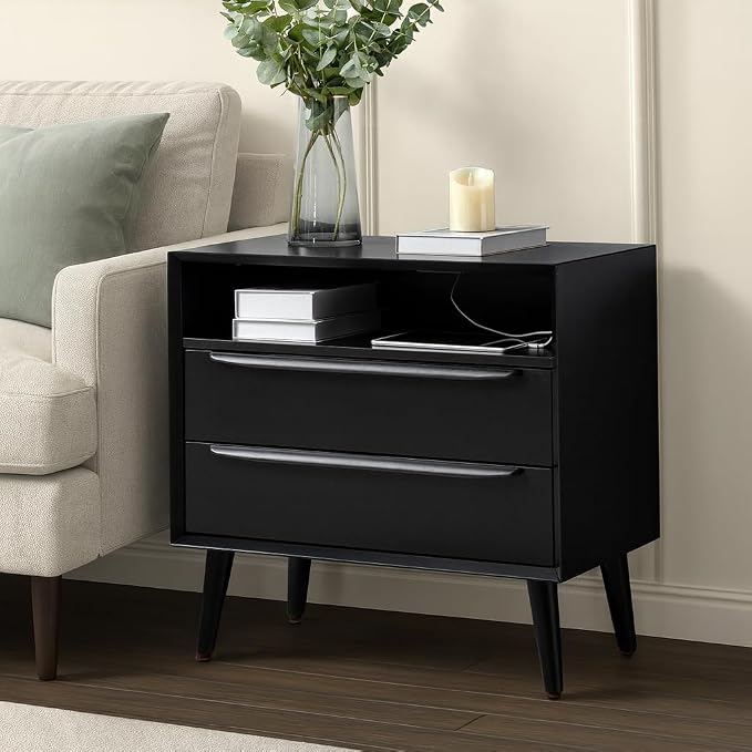 HULALA HOME End Table with Charging Station, Mid-Century Modern 2 Drawer and by HULALAHOME