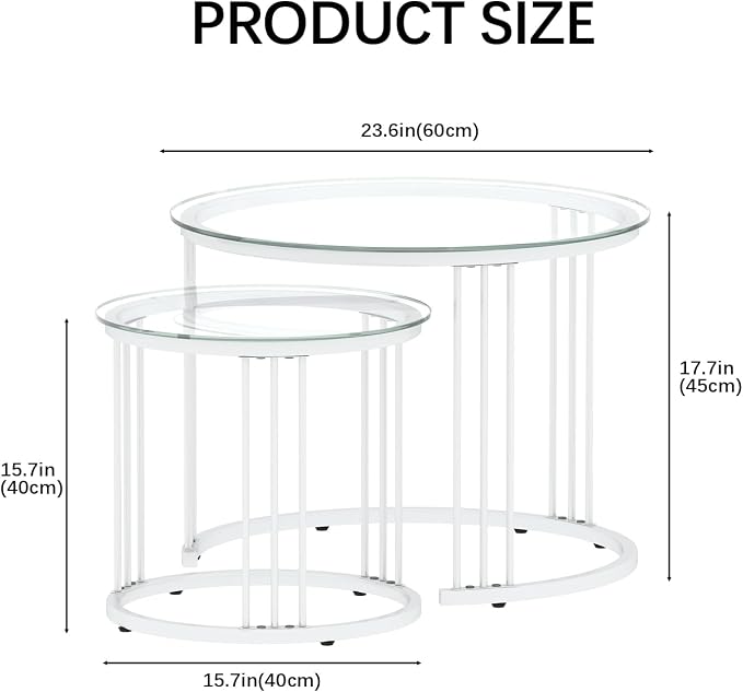 Garden 4 you Nesting Coffee Table, 23.6" Round Coffee Table Set of 2, Glass - Image 2