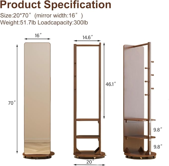 Muwuele Solid Wood Full Length Mirror Coat Rack, Floor Mirror - Image 6
