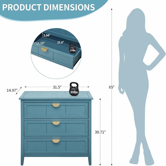 31.5" Blue Accent Storage Cabinet, Modern 3-Drawer Decorative Sideboard - Image 2