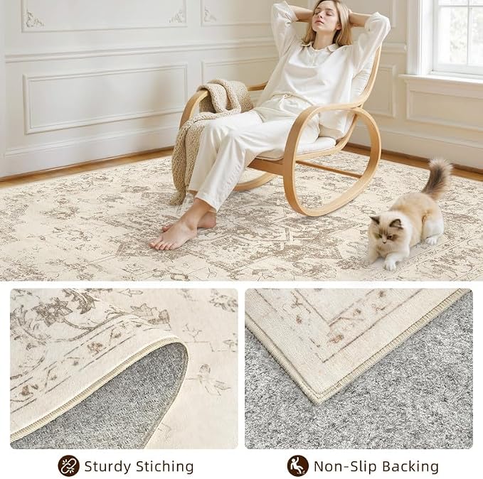Round Area Rug Living Room: 8ft Washable Carpet Beige/Ivory | Vintage Boho - Image 7