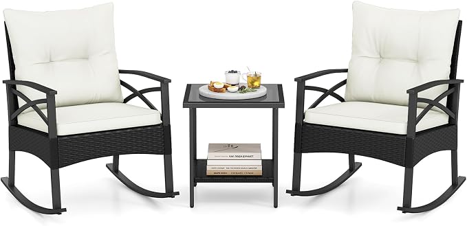 Tangkula 3 Pieces Outdoor Rocking Chairs Set, Rattan Heavy Duty Cushioned by TANGKULA