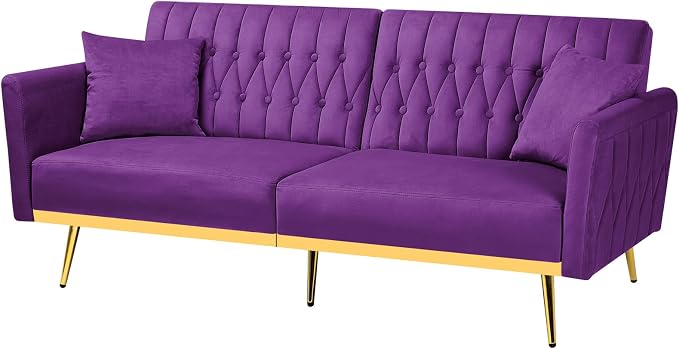 70” Velvet Futon Sofa Bed with 2 Pillows and Adjustable Armrests, Convertible - Image 8