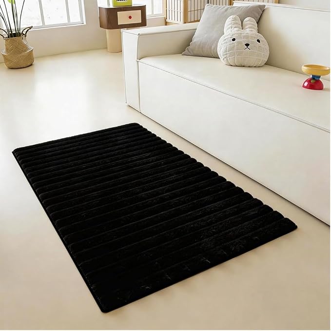 Black Rabbit Striped Plush Rug 2'x3', Fluffy Shaggy Area Rug - Image 2