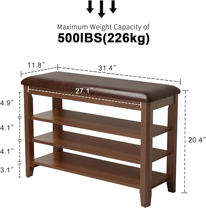 AQIMUELE Shoe Bench with Leather Cushion, 3 Tiers Shoe Storage Bench Height - Image 2