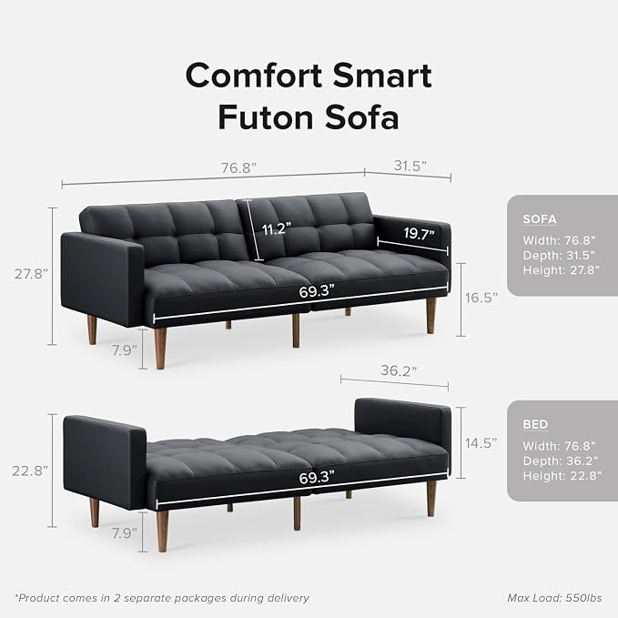 mopio 76.4" Futon Sofa Bed, Sleeper Sofa, Mid Century Modern Futon Couch - Image 2