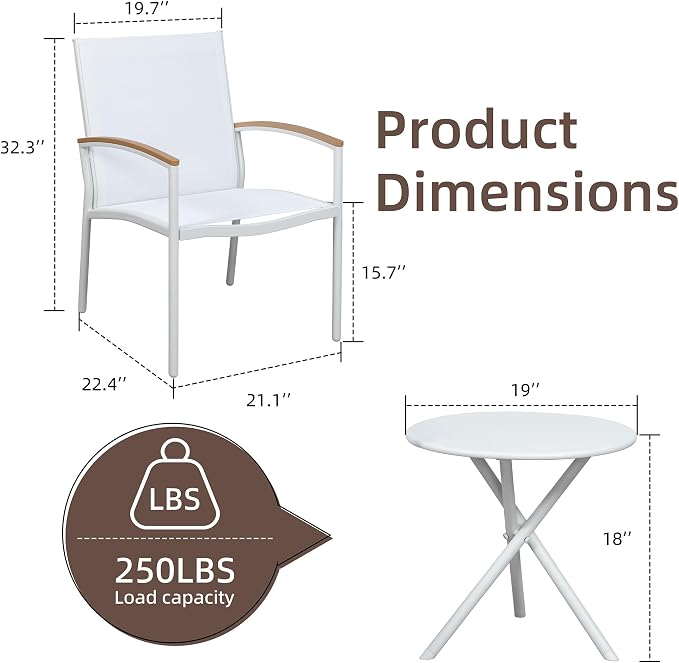 Shintenchi 3 Pieces Patio Bistro Sets, Outdoor Textilene Fabric Conversation - Image 6