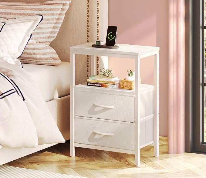 Huuger Nightstand with Charging Station, Side Table with 2 Fabric Drawers - Image 2