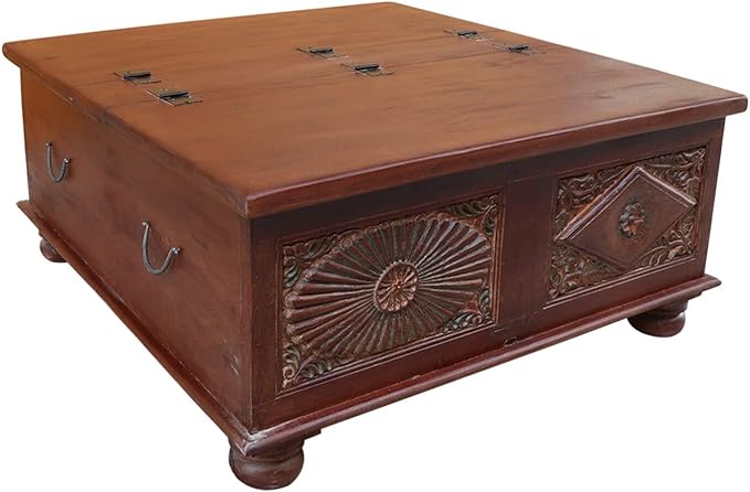 18 Inch Tall Vintage Trunk Storage Coffee Table | Rectangle Solid Wood Chest - Image 7