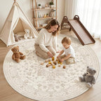 Round Area Rug Living Room: 6ft Washable Carpet Beige White | Vintage Boho - Image 3