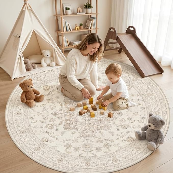 Round Area Rug Living Room: 8ft Washable Carpet Beige White | Vintage Boho - Image 3