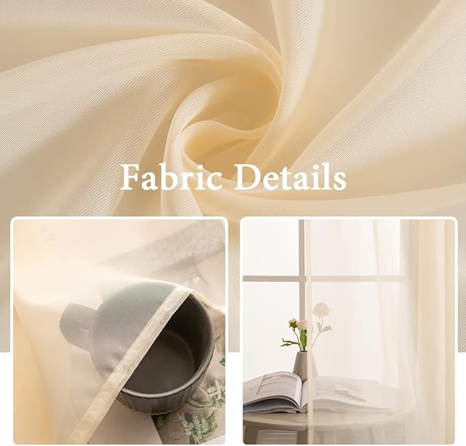 MIULEE Cream Beige Sheer Curtains 54 X 90 Inches, 2 Panels | Solid Color - Image 3