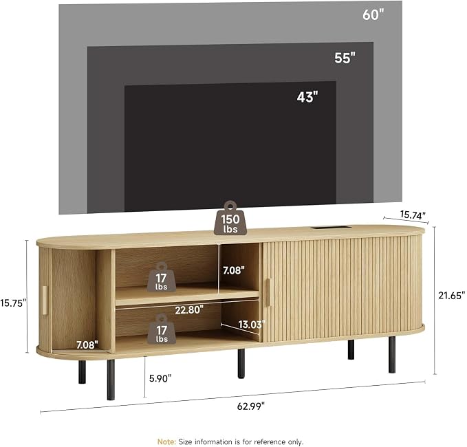 63" TV Stand with Power Outlet, Modern Media Console with Sliding Doors - Image 2
