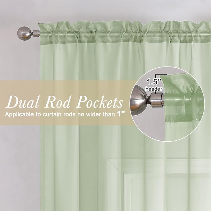 Light Green Sheer Curtains 90 Inches Long 2 Panels, Modern Light Filtering - Image 5