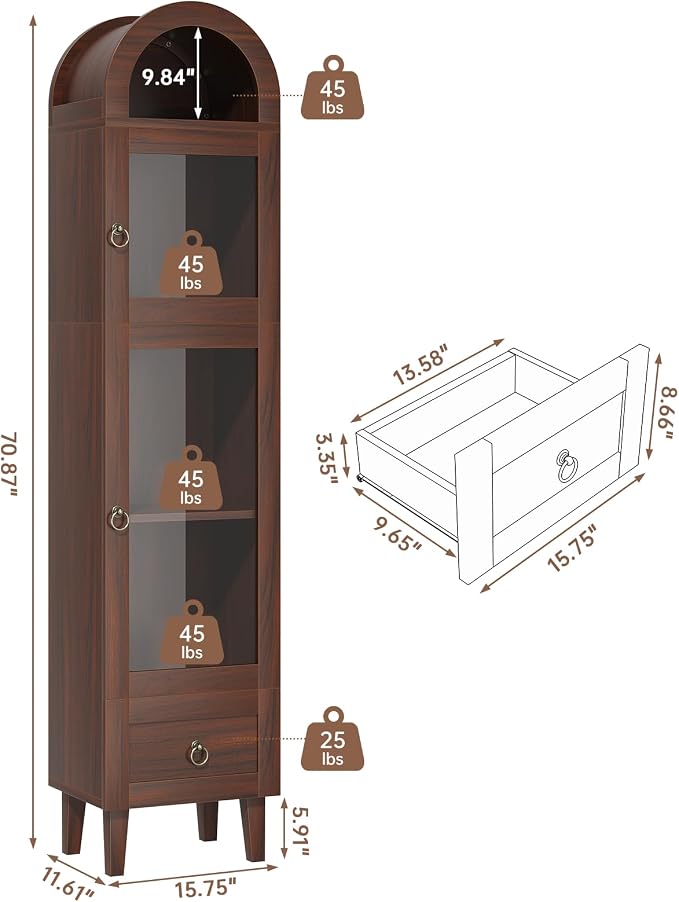71" Tall Arched Cabinet with Acrylic Door, Modern Curio Arched Bookcase with - Image 2