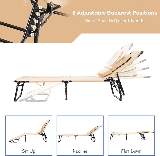 Folding Beach Lounge Chair w/ 5 Adjutable Backrest & Padded Pillow, Sunbathing - Image 5