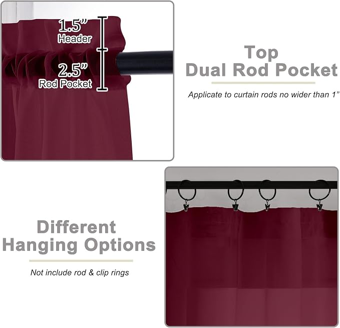 Burgundy Sheer Curtain for Bedroom Living Room 78 Inches Long 2 Panels Set - Image 4