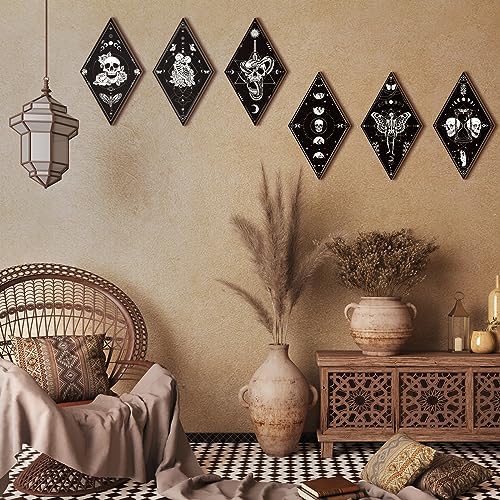 Huwena 6 Pack Gothic Wall Decor for Bedroom Living Room Dark Boho Skull Moon Snake Sun Phase Wooden Hanging Art - Image 4