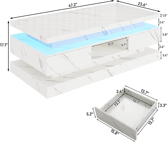 47.2 inch Modern High Glossy LED Coffee Table - Image 2