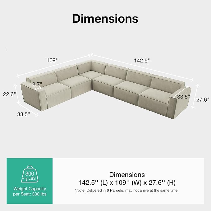 Novilla 142.5" Modular Sectional Sofa, No Assembly Cloud Sectional Couch - Image 2