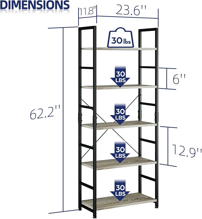 NUMENN 5 Tier Bookshelf, Tall Bookcase Shelf Storage Organizer, Modern Book - Image 3