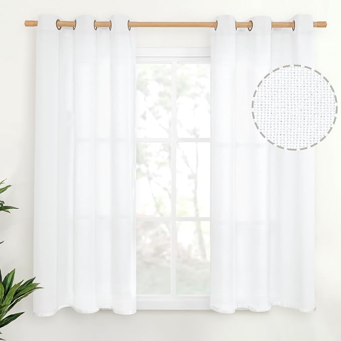 48 Inch Length White Linen Semi Sheer Curtains by YoungsTex