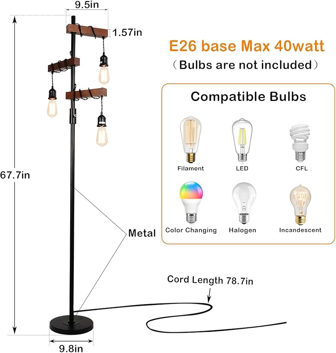 Industrial Floor Lamp, Farmhouse Tree 68 Inch 3 Lights Wood Standing Lamp - Image 5