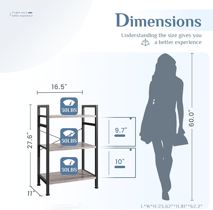 DUMOS 3 Tiers Open Bookshelf, Classic Freestanding Tall Display Shelf, Sturdy - Image 3