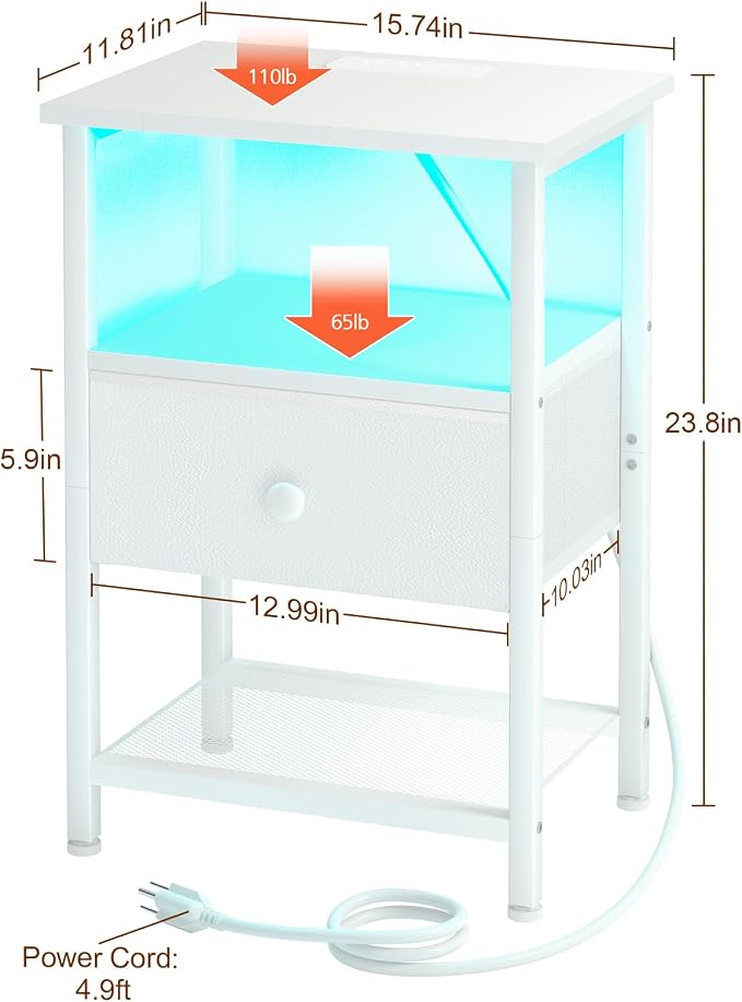 LOAKEKEL LED Night Stand with Charging Station, Small Bedside Table with USB - Image 7