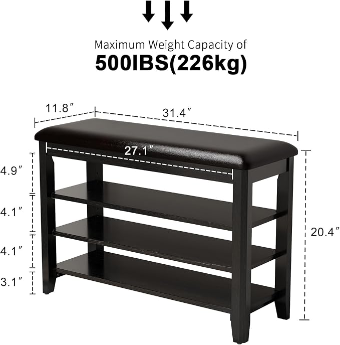 AQIMUELE Shoe Bench with Leather Cushion, 3 Tiers Shoe Storage Bench Height - Image 2