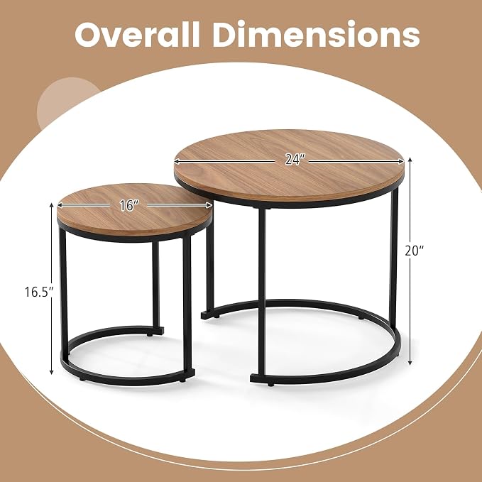 Giantex Nesting Coffee Table Set of 2, Round Stacking Side Tables w/Wooden - Image 2