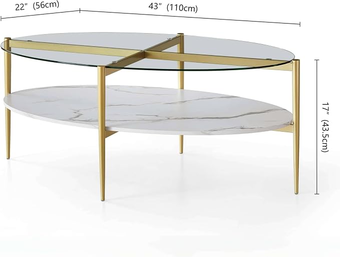 LumFurn Oval Glass Coffee Table, Mid-Century Modern Design, L43 x W22 x H17 inch - Image 2