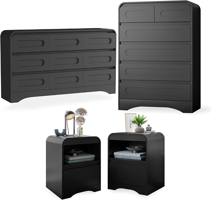 4 Piece Bedroom Set, Dresser and Nightstand Sets, Modern Wooden Large 9 Drawers by SOLACEFURNITURE