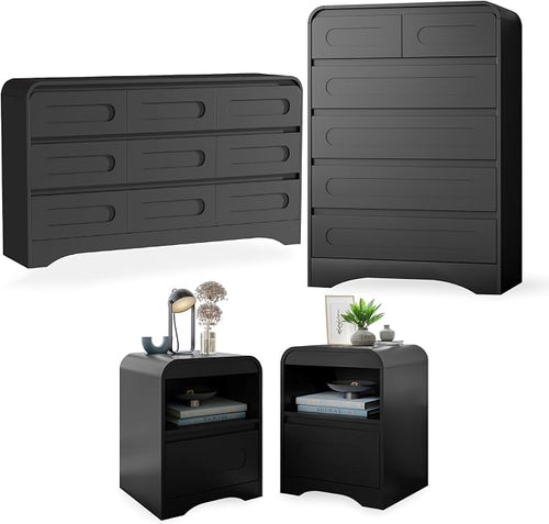 4 Piece Bedroom Set, Dresser and Nightstand Sets, Modern Wooden Large 9 Drawers by SOLACEFURNITURE