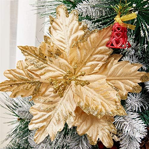 10 PCS Glitter Poinsettias, 9.4" Artificial Christmas Flowers, Gold - Image 5
