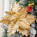 10 PCS Glitter Poinsettias, 9.4" Artificial Christmas Flowers, Gold - Image 5