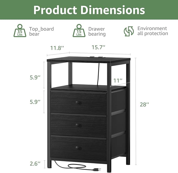 BOLUO Black Night Stand with 3 Fabric Drawers, Nightstand with Charging Station - Image 3