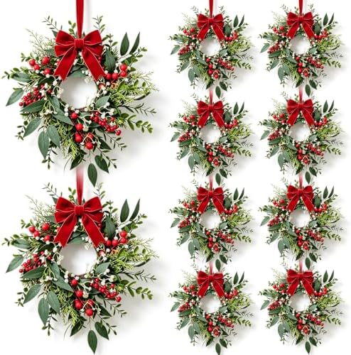 10 Pcs Mini Christmas Wreaths for Cabinets 9" Christmas Kitchen Cabinet with Burgundy Red Berry Eucalyptus Leaves Bow for Indoor Outdoor Farmhouse Home Wall Window Festival Wedding Decor by Unknown