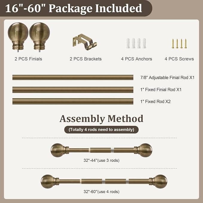 Antique Bronze Curtain Rods for Windows 28 to 48 Inch 1" Diameter Adjustable - Image 9