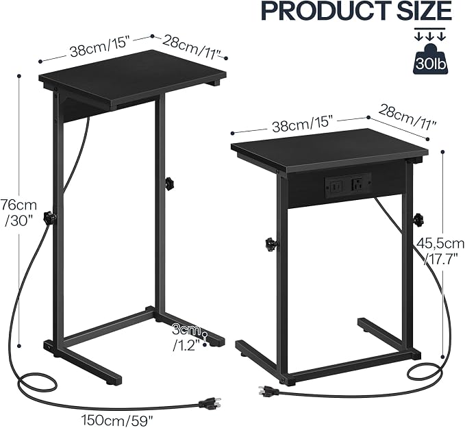 HOOBRO C-Shaped End Table with Charging Station, Adjustable Height Sofa Tray - Image 2