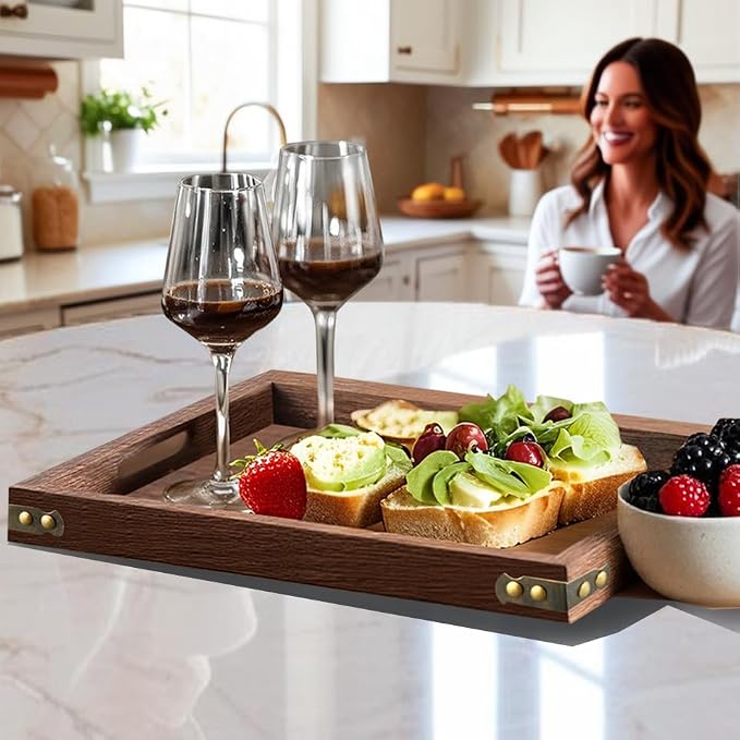 Serving Tray with Handles, 15.8"x 11" Wood Decorative Tray - Image 8