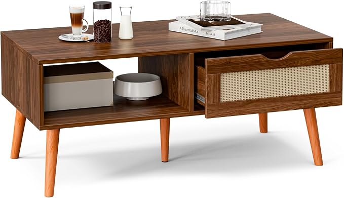 ZttRiee Coffee Table with Storage, Boho Dining Table with Rattan Drawer and - Image 5