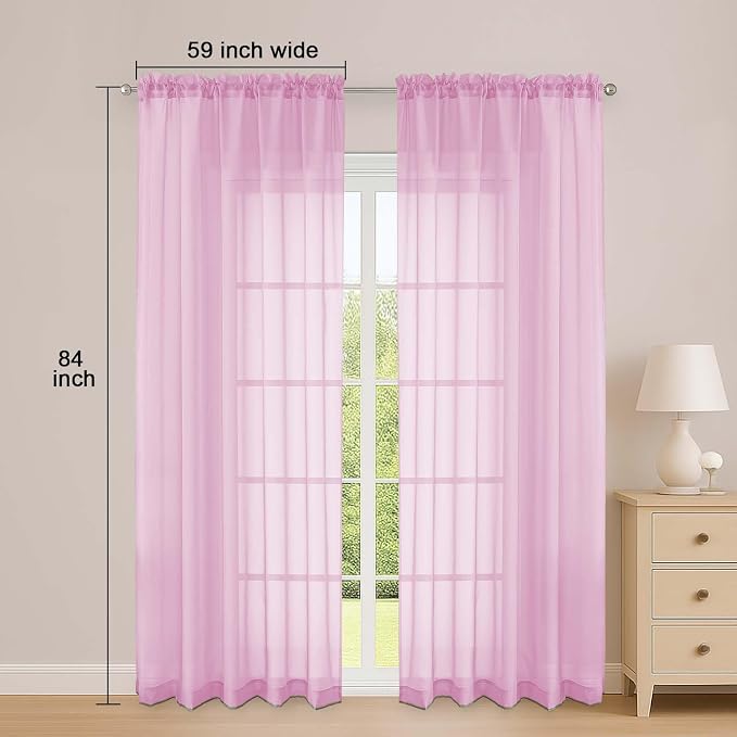 Sheer Curtains 84 Inches Long 2 Panels Set, Sheer Pink Curtains - Image 2