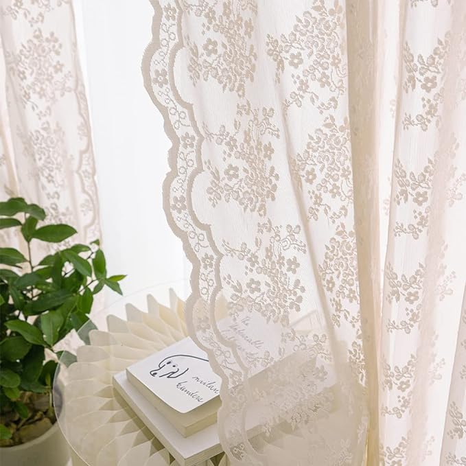 YJ YANJUN Vintage Lace Curtains 63 Inch Length 2 Panels Set Cute Floral Designs - Image 2