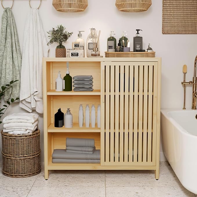 Bamboo Bathroom Cabinet, Side Storage Organizer Cabinet by BAOMKONG