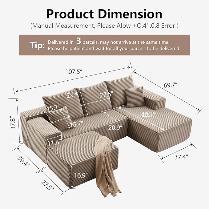 107" Comfy U-Shaped Sectional Modern Boneless Corduroy Couch - Image 2