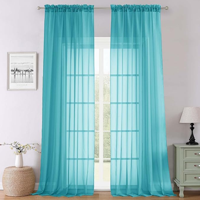 Turquoise Sheer Curtains 108 Inches Long 2 Pcs, Rustic Farmhouse Dual Rod by Lecloud