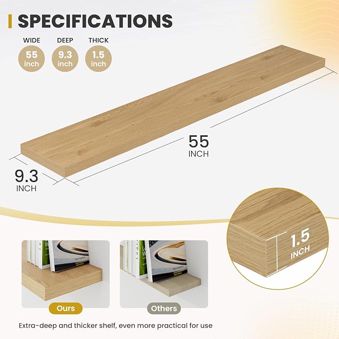 Acovy 55 Inch Floating Shelves, 9.3" Deep Floating Shelf Wall Mounted, Rustic - Image 3
